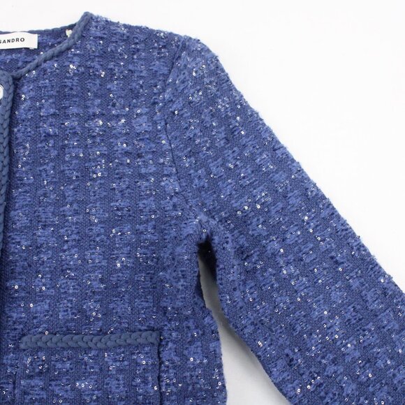 NWT Sandro Cropped Glitter Tweed Effect Coatigan with Braided Trim in Blue FR 0 - Picture 6 of 16